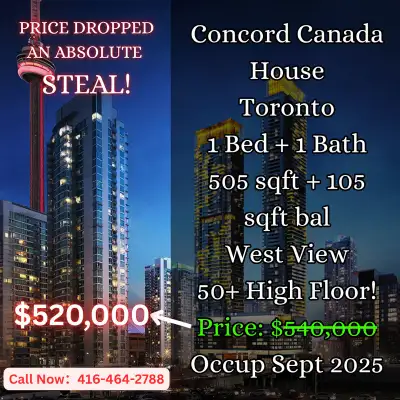 PRICE DROPPED – Absolute Steal! Own a high-floor 1 Bedroom + 1 Bathroom unit in Concord Canada House...