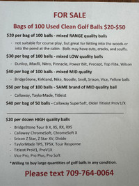 1000's of CLEAN GOLF BALLS - Bags of 100 for $20-$50