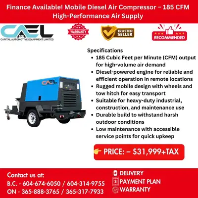 Finance! New CAEL Mobile Air Compressor Comes with kubota engine CERTFIED & WARRANTY INCLUDED 31,999...