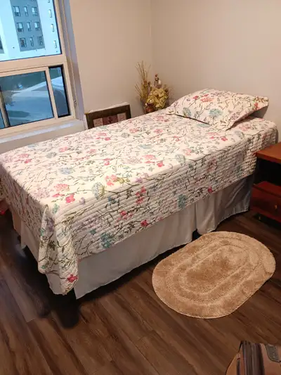 Single bed with mattress, box spring, and frame., View more