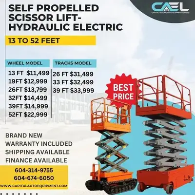 Brand New 2025 CAEL Self Propelled Scissor Lift Price : $11999 Description ***FINANCE AVAILABLE*** W...