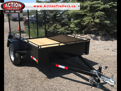 ACTION ESSENTIAL SERIES 5' x 8’ SINGLE AXLE STEEL UTILITY TRAILER WITH SOLID SIDES AND TOP TIE DOWN...