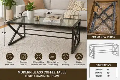 BRAND NEW - Vintage style Glass Coffee Table - Rustic Brown Meta, View more