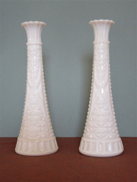 Pair Of Vintage Anchor Hocking, USA Pressed Milk Glass Bud Vases