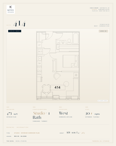 1 Bedroom Suite · 475 sq ft Kevel Studios — Suite 414 Furnished, turnkey residence at 16 Kings Wharf...