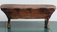 Small antique primitive wood work bench, milking stool, Quebec