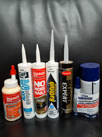Caulking, Wood Glue, spray/ Gun foams, Dap, Silicones, PL ,tools