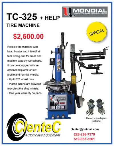 TIRE CHANGER with Helper Arm Mondial TC325 + Help 2 - $2,600.00 + HST Tire Changer / Tire Machine wi...