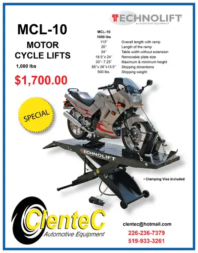 MOTORCYCLE LIFT 1000lb. CLENTEC AUTOMOTIVE EQUIPMENT SALES / SERVICE / PARTS Tel - 226 2367379 / 647...