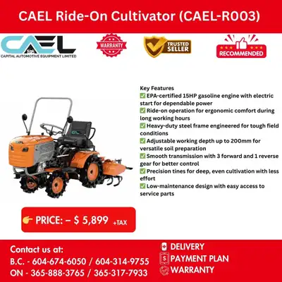 New CAEL Ride-On Cultivator CERTFIED & WARRANTY INCLUDED, View more