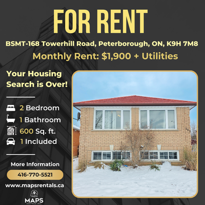 Bright & Spacious Basement Apartment! (2+Den, 1 Bath) Address: BSMT-168 Towerhill Road, Peterborough...