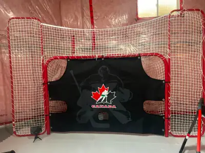 synthetic ice tiles with hockey net and accessories, View more