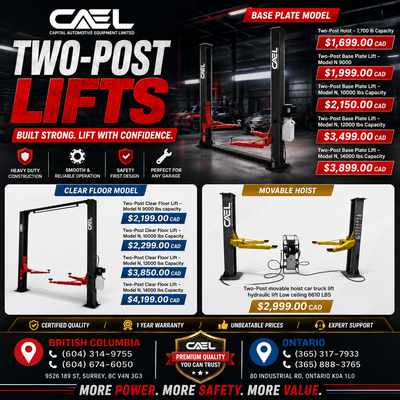 Upgrade your workshop with CAEL Two-Post Lifts, built for strength, safety, and reliability. Ideal f...