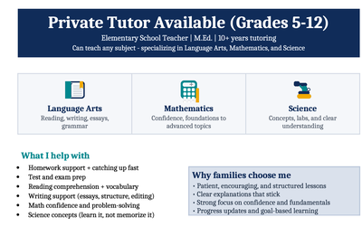 Elementary School Teacher: Offering Tutoring Services, View more