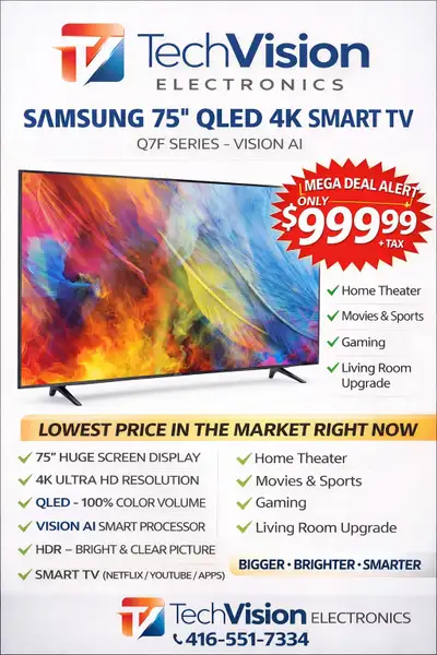 SAMSUNG 75" Q7F SERIES 4K UHD HDR QLED SMART TV (QN75Q7FAA, View more