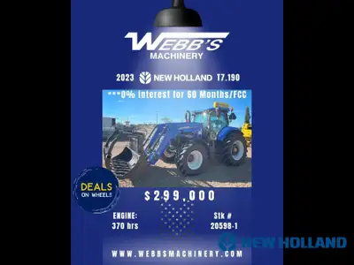 2023 NEW HOLLAND T7.190 LOADER TRACTOR 370 Hrs, 120 PTO HP, CVT Transmission, 650/65R38 Tires, Wheel...