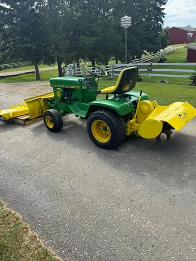 John Deere 140 with Rototiller, Front Blade, Mower Deck, View more
