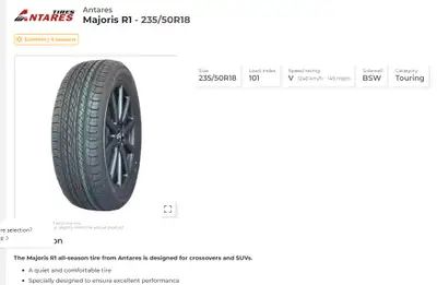 1 New Antares Majoris R1 All Season tire, retails for $195, looking to get $75 plus tax. Make an off...
