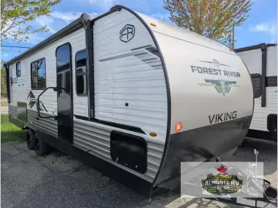 Forest River Viking 5K Series travel trailer 25QBH highlights: Bunkhouse Suite Front RV Queen Bed Fu...