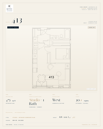 1 Bedroom Suite · 475 sq ft Kevel Studios — Suite 413 Furnished, turnkey residence at 16 Kings Wharf...