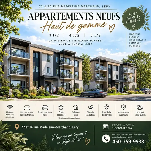 LOGEMENTS NEUFS HAUT DE GAMME À LOUER – 3 ½, 4 ½ et 5 ½ in Long Term Rentals in West Island - Image 2