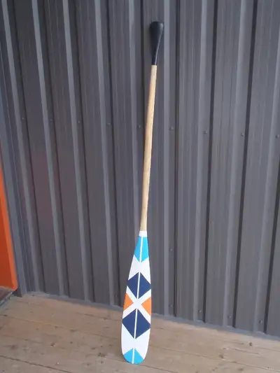 Vintage wooden canoe paddle with hand painted geometric design. Solid wood.....Beavertail style blad...