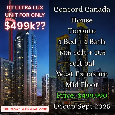 Live in the heart of Downtown Toronto for UNDER $500K! Assignment sale at the prestigious Concord Ca...