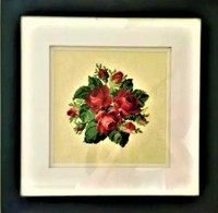 Framed hand cross stitch rose bouquet