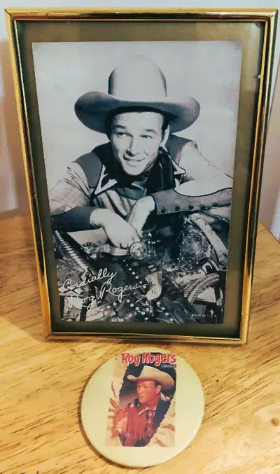 Framed Vintage Roy Rogers Signed Portrait w/Pinback Button, View more