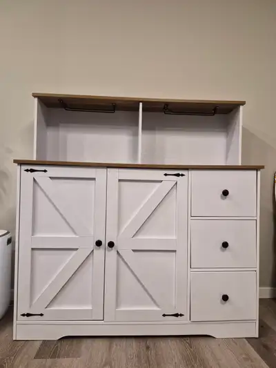 Farmhouse Bar Cabinet with Hutch and Power Outlet, View more