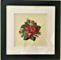 Framed hand cross stitched rose bouquet