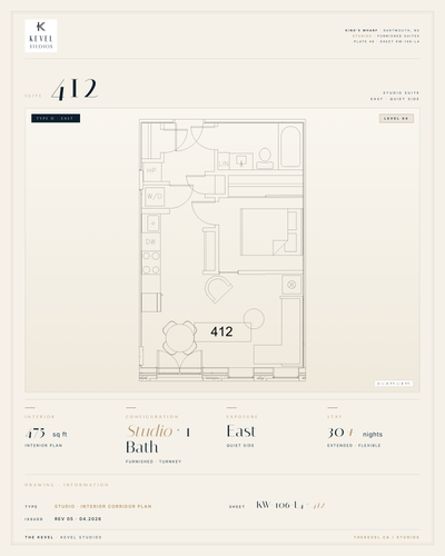 1 Bedroom Suite · 475 sq ft Kevel Studios — Suite 412 Furnished, turnkey residence at 16 Kings Wharf...