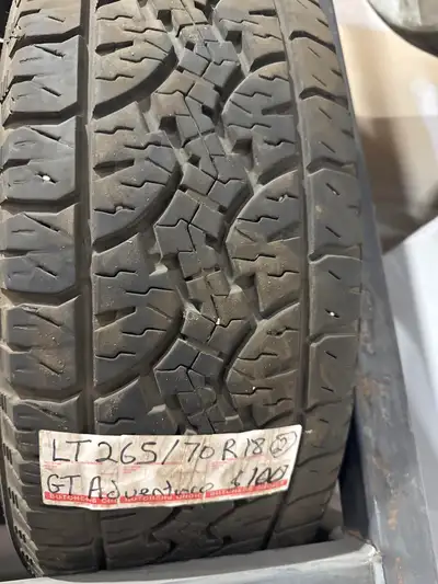 One used LT265/70R18 GT Adventuro A/T tires.Load range E or 10 ply rated. In good condition 10/32 tr...