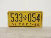 Vintage 1959 Quebec License Plate 533 054 Black Yellow Canadian