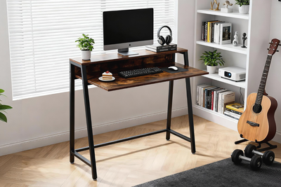 EMMI 100 Dual-Tier Office Desk with Shelf (Rustic Brown), View more