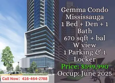 ️ Gemma Condo | Mississauga ️ 1 Bed + Den | 1 Bath | 670 sqft + Balcony West-Facing | 1 Parking + 1...