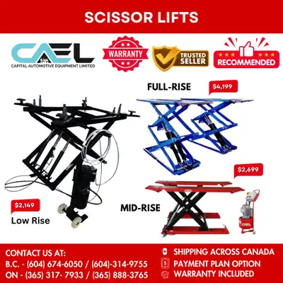 Brand New Scissor Lifts for Auto Shops Low, Mid & Full Rise Best Prices in Canada !! Looking for a r...