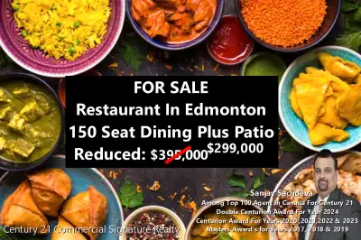 FOR SALE - Fine Dine Restaurant West Side Of Edmonton, AB ASKING $395,000 PRICE REDUCED TO $299,000...
