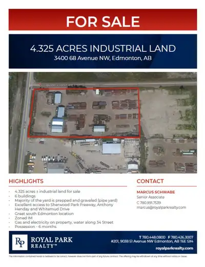 • 4.325 Acres ± industrial land for sale • 6 Buildings • Majority Graveled (pipe yard) • Excellent a...