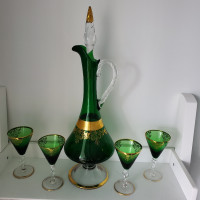 Antique decanter and 5 glasses