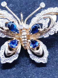 14K SOLID GOLD PENDANT/BROOCH WITH VS DIAMONDS AND SAPPHIRES