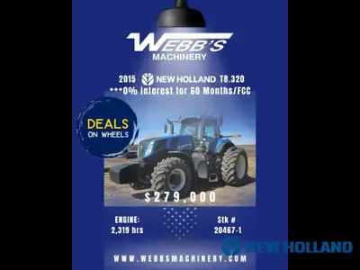 2015 NEW HOLLAND T8.320 MFWD TRACTOR 2,319 Hrs, 250 Eng HP, 205 PTO HP, Rear Duals, CVT Transmission...