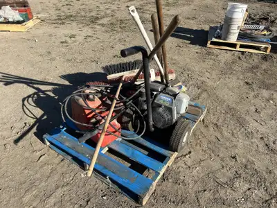 HONDA GC135 PRESSURE WASHER, GERRY CANS, QTY OF BROOMS, TURF TIRE HONDA GC135