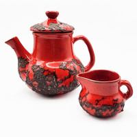 Vintage 1970s Laurentian Pottery Fat Red Lava teapot and creamer