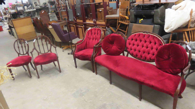4 pc Vintage Settee + 3 Side Chairs - Good Condition in Rich Red in Chairs & Recliners in Regina