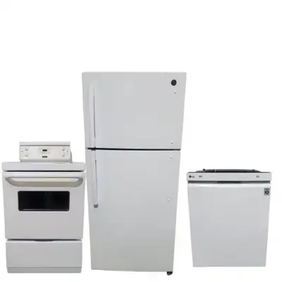 fridge top freezer 28" white Stove electric coil 24" white dishwasher built-in 24" white HOME APPLIA...