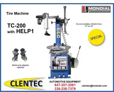 TIRE CHANGER with ASSIST ARM - $1800.00 + HST MONDIAL TC200/HELP1 Inner Rim Clamping Range 13" - 24"...