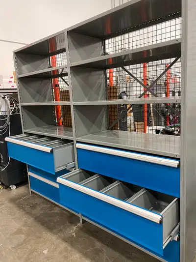 Metalware industrial shelving and integrated modular drawers