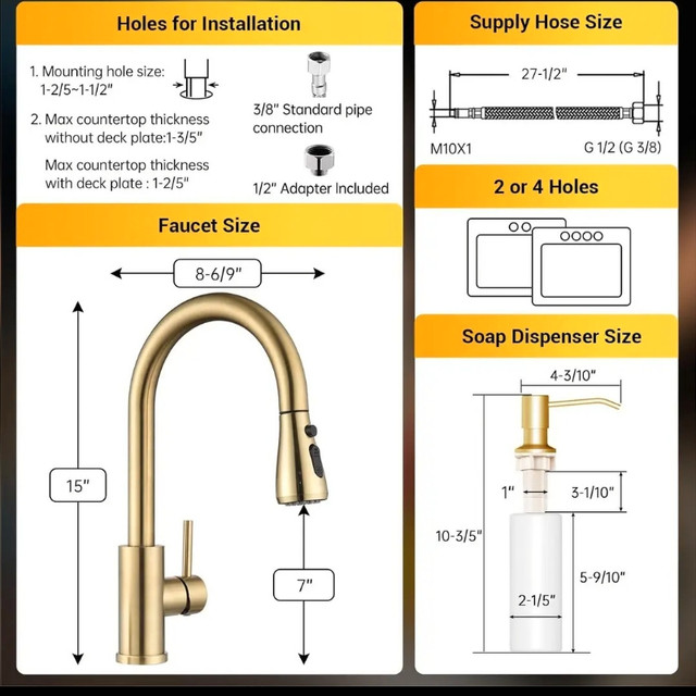 DAYONE Gold Kitchen Faucet, Brushed Gold Stainless Steel Single in Kitchen & Dining Wares in Gatineau