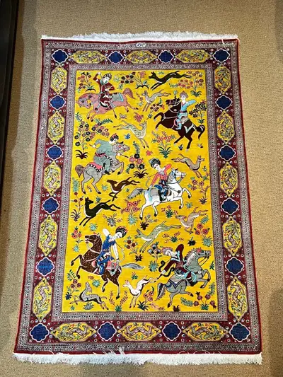 Handknotted Silk Qum Hunting Rug Signed by Master Weaver, View more